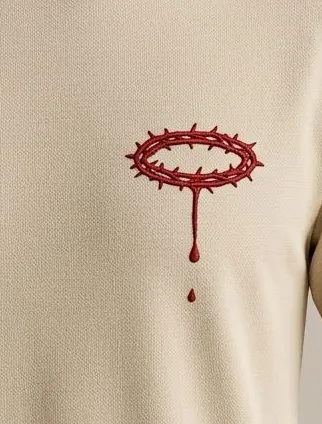 Acercamiento al logo de la corona de espinas con la gota de sangre