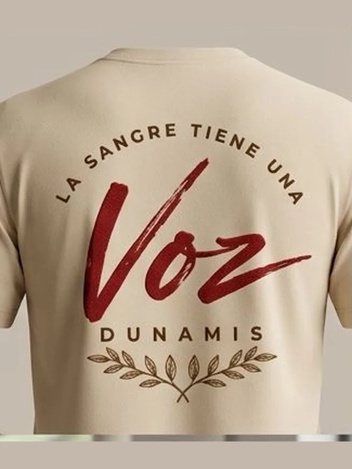 Espalda de la camiseta con el lockup La Sangre tiene una Voz · Dunamis