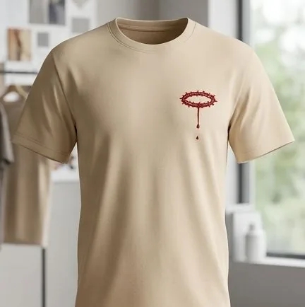 Camiseta beige del evento vista de frente, con la corona de espinas al pecho